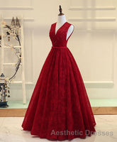 Burgundy V Neck Lace Long Evening Prom Dresses, Burgundy Evening Prom Dresses